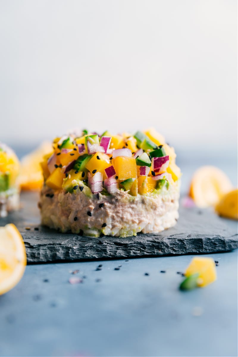 Up-close image of one of the Tuna Stacks on a tray, ready to be eaten