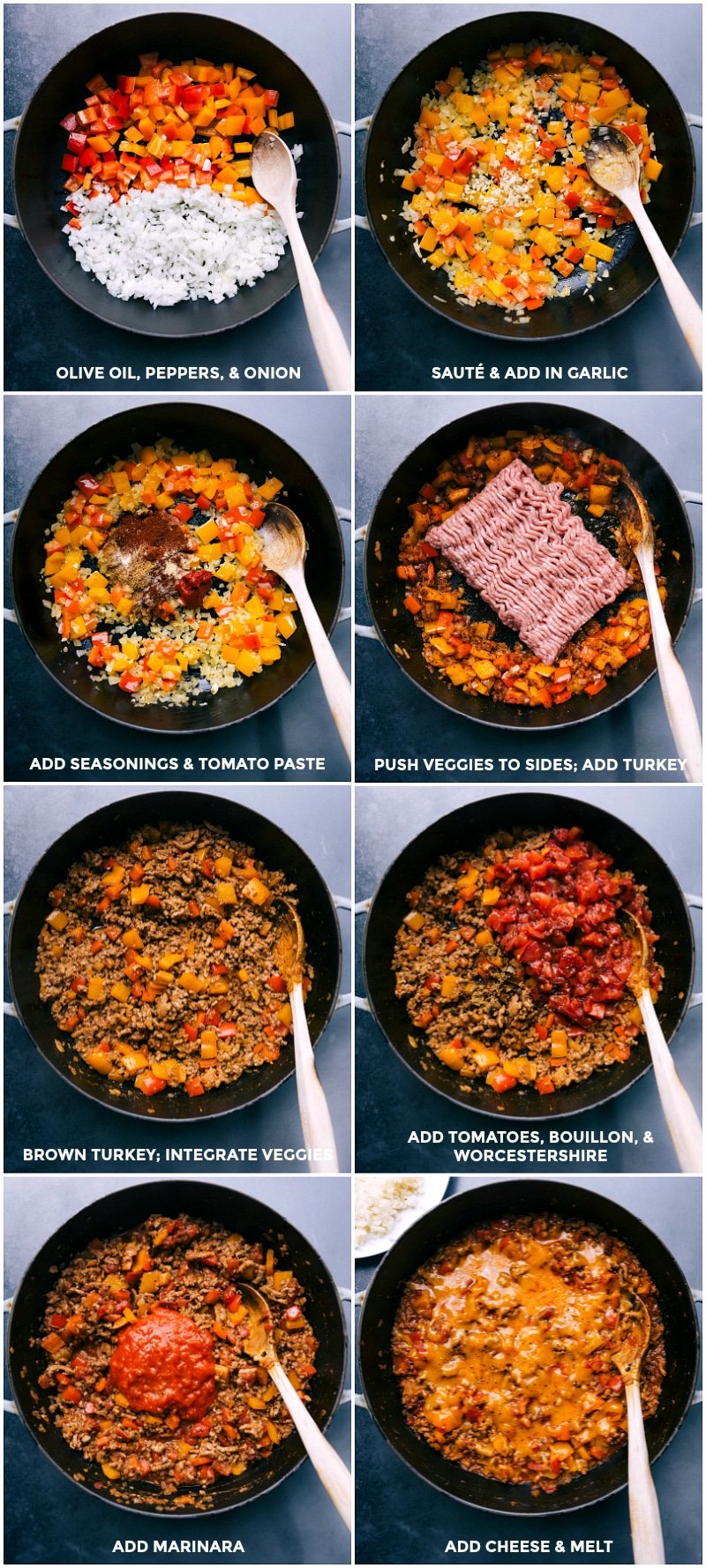 Process shots-- images of the veggies, meat, seasoning, marinara, and cheese being added to the skillet.