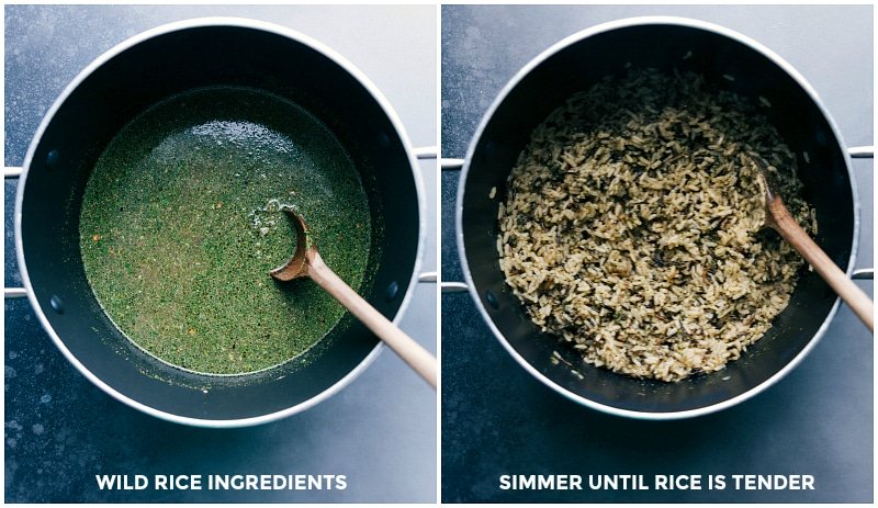 Process shots of making the wild rice: combine the ingredients in a pan; simmer until rice is tender.