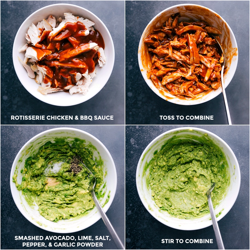 Process shots for BBQ Chicken Sandwich recipe: Combine rotisserie chicken and BBQ sauce; combine smashed avocado, lime, salt, pepper and garlic power for the guacamole-style sauce.