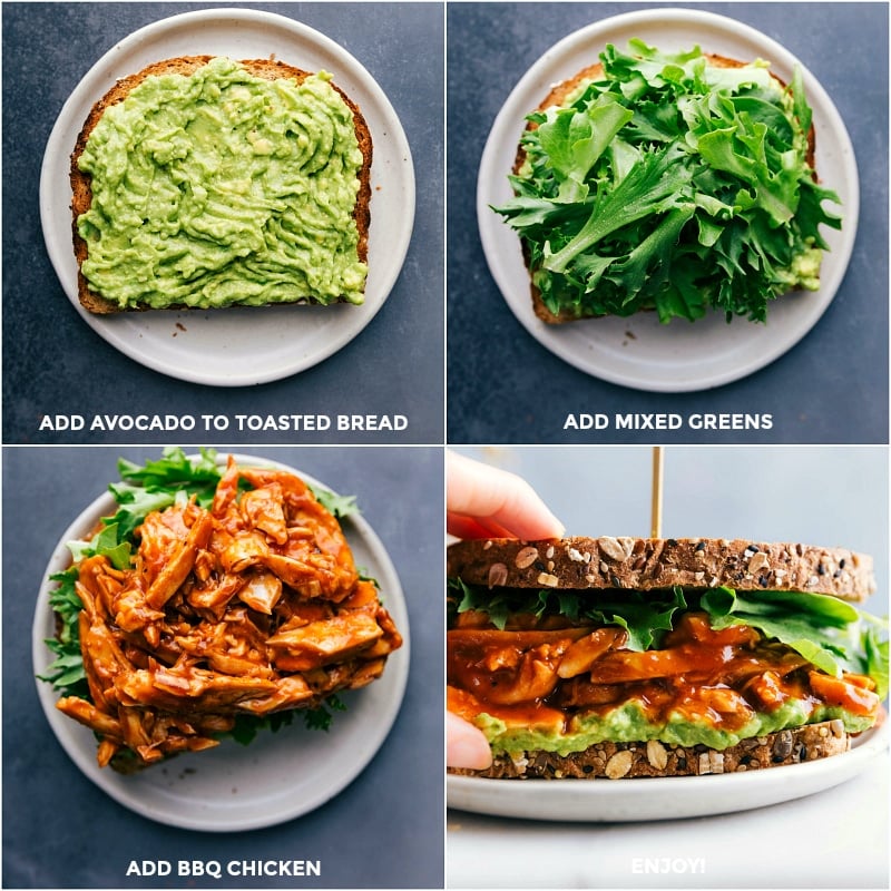 Assembling the best BBQ chicken sandwich recipe by adding creamy avocado to toasted bread, layering with mixed greens, chicken, and topping with the other piece of bread.