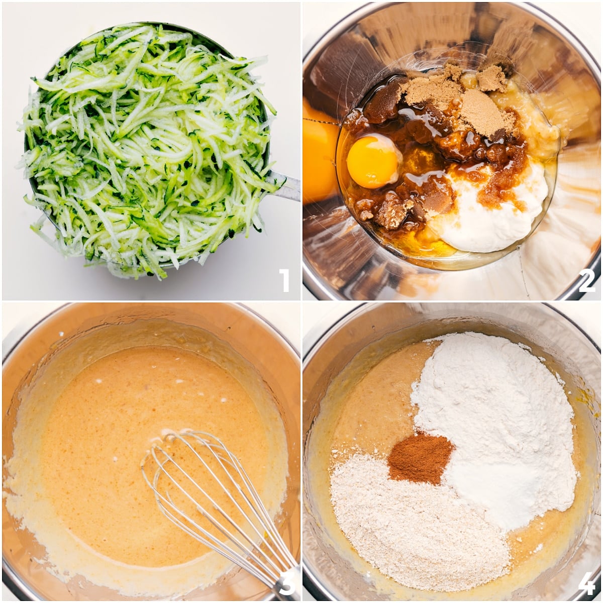 How To Make Banana Zucchini Muffins Shredded zucchini measured out alongside the wet and dry ingredients being whisked together in one bowl for these Banana Zucchini Muffins.