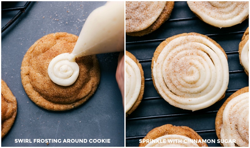 Image showing how to pipe a swirl of frosting onto the tops of the Cinnamon Roll Cookies.