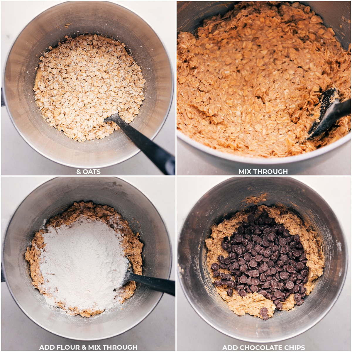 Oats, flour, and chocolate chips being added to the batter.