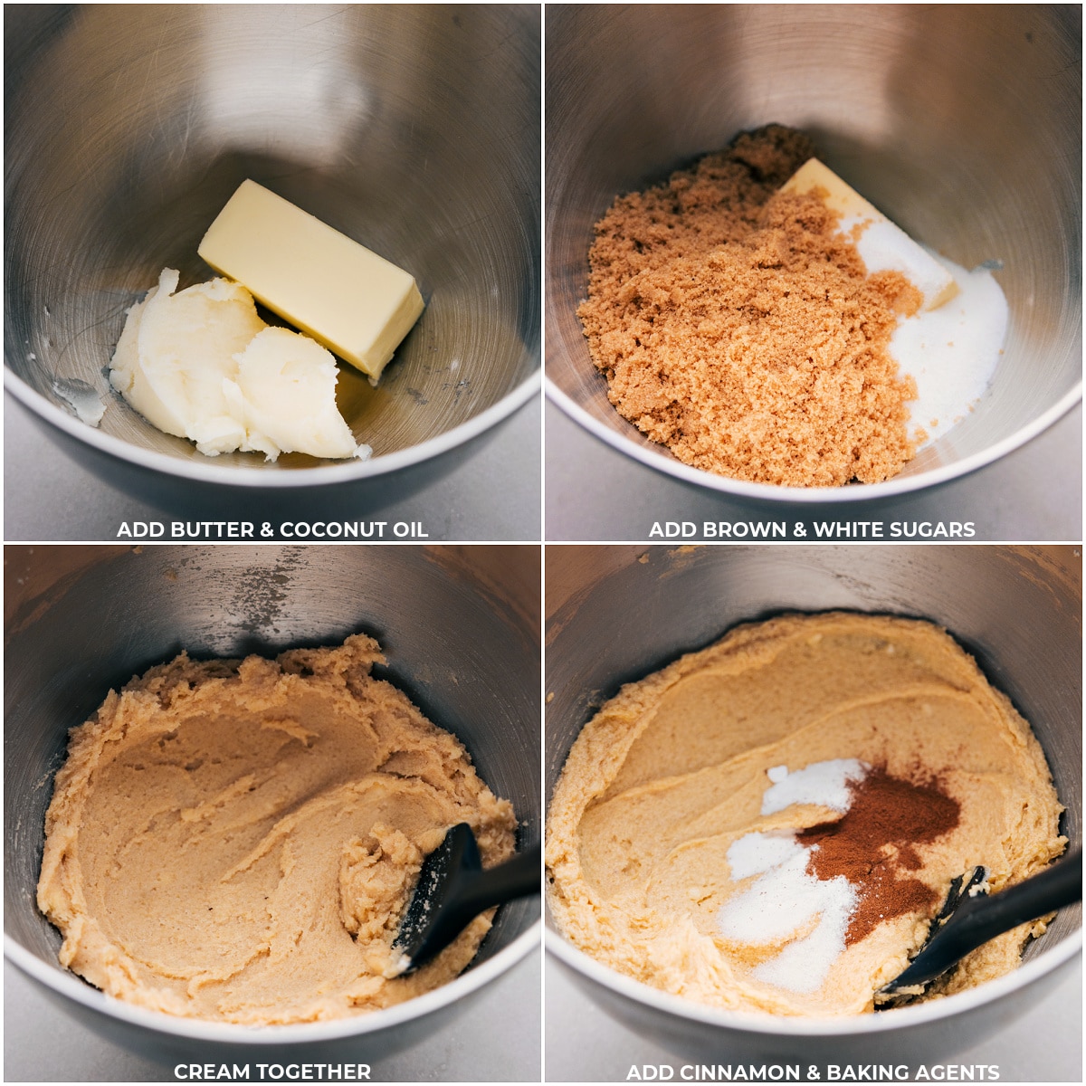 Butter, coconut oil, sugars, spices, and baking agents being added to the Coconut Oil Oatmeal Cookies dough.