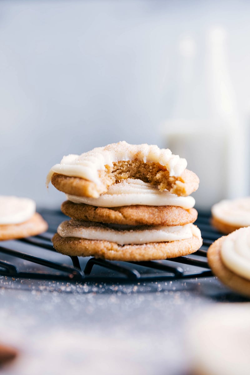 View of Cinnamon Roll Cookies on a cooling rack.