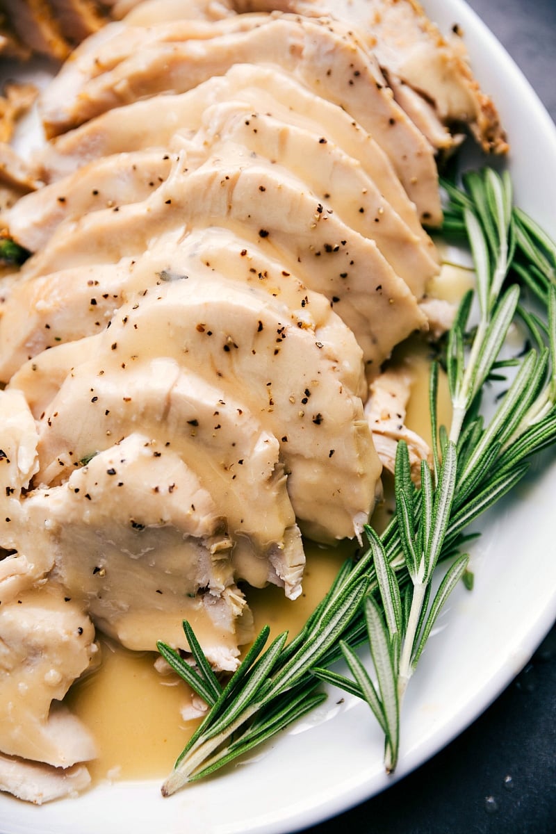 Succulent slices of turkey lavishly drizzled with rich gravy, presented on a plate.