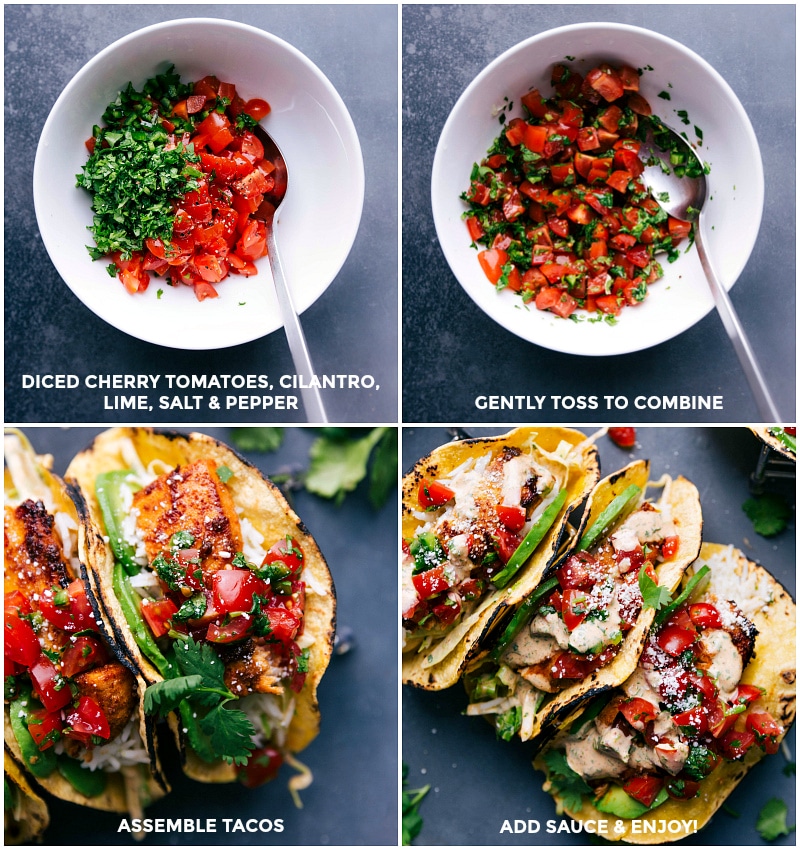 Making cheater pico by mixing diced cherry tomatoes, cilantro, lime, salt, and pepper, and assembling the meal with the pico on top.