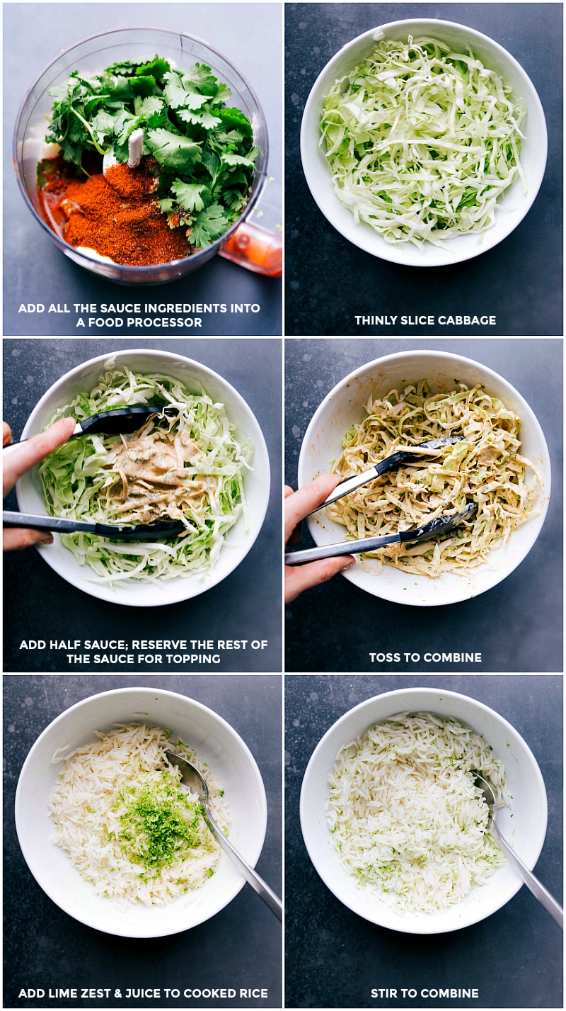 Process shots: all ingredients for the fish taco sauce placed in the food processor; a bowl of thinly sliced cabbage; add half of the taco sauce to the cabbage; toss to make a tasty slaw; create seasoned rice by adding lime zest and juice to cooked rice; stir to combine.