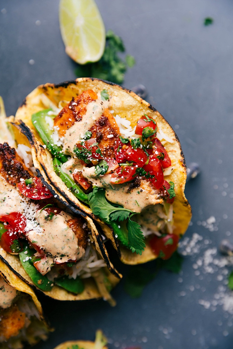 close-up view of Fish Tacos with all the toppings added.