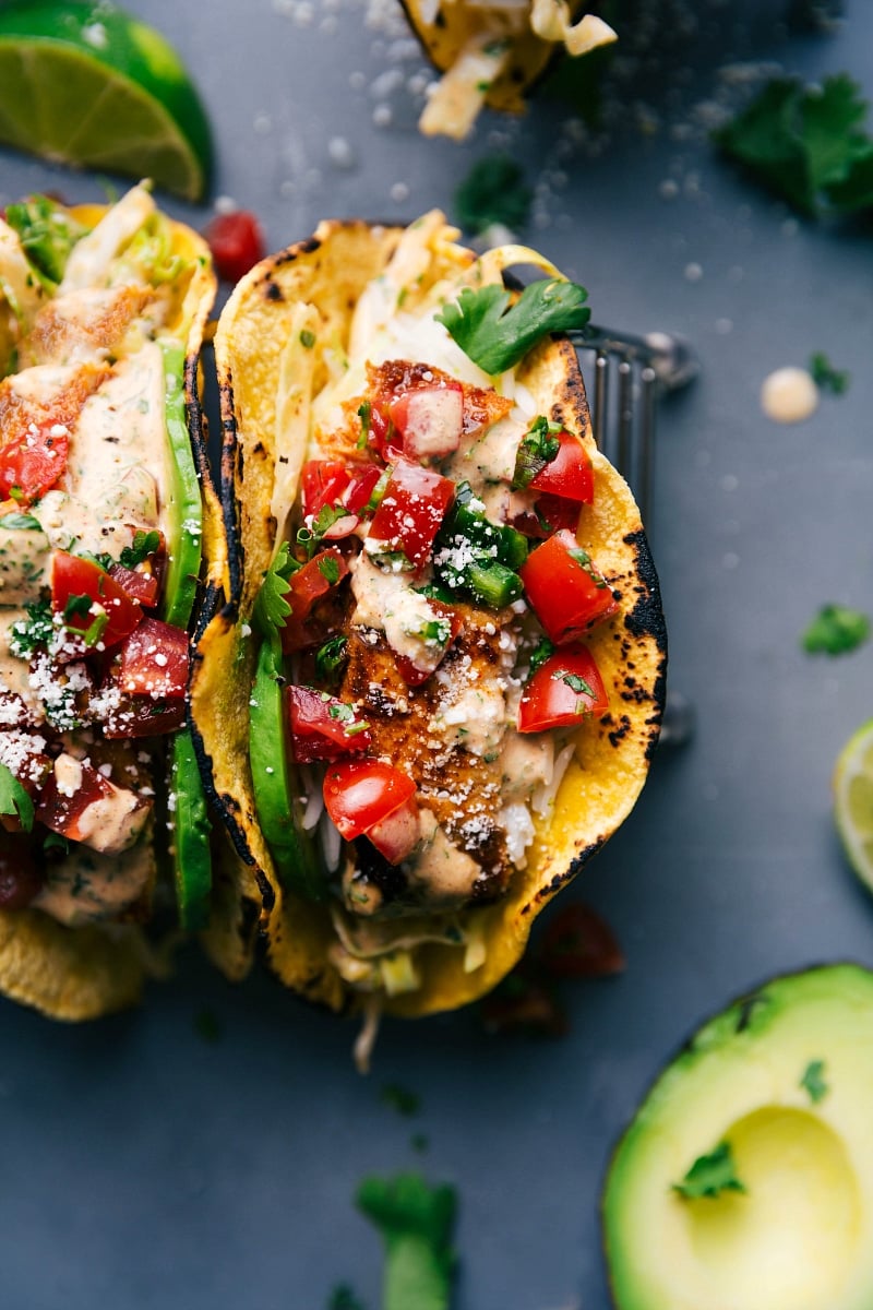 Overhead view of two Fish Tacos.