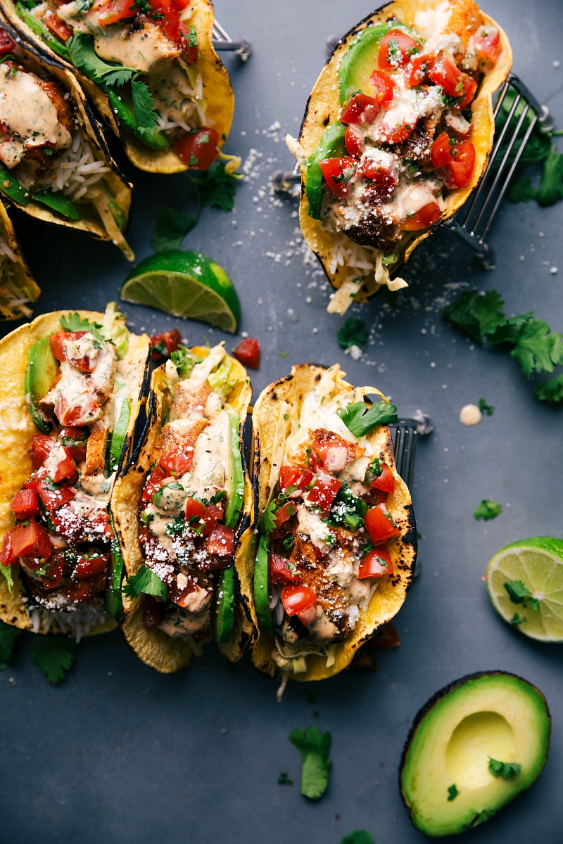 Overhead, up-close image of the finished Fish Tacos.