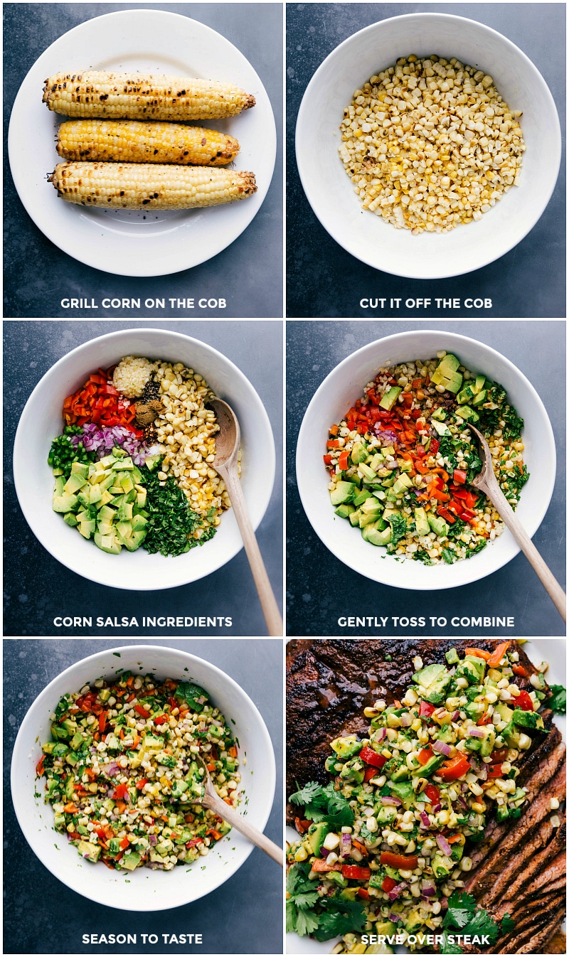 Grilled corn being cut from the cob, adding all salsa ingredients to a bowl, mixing together, seasoning to taste, and serving salsa over steak.