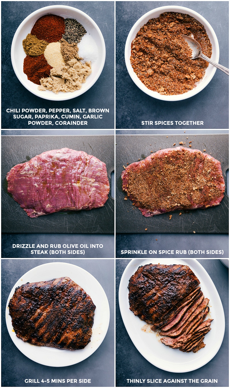 Process shots: combining seasonings for the spice rub; drizzle olive oil onto steak; sprinkle spice rub on steak; grill; slice thinly against the grain.