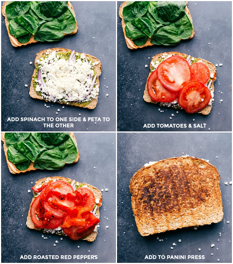 Adding spinach to one side of bread, feta cheese to the other, then tomatoes and salt, followed by roasted red peppers, and toasting in a panini press.