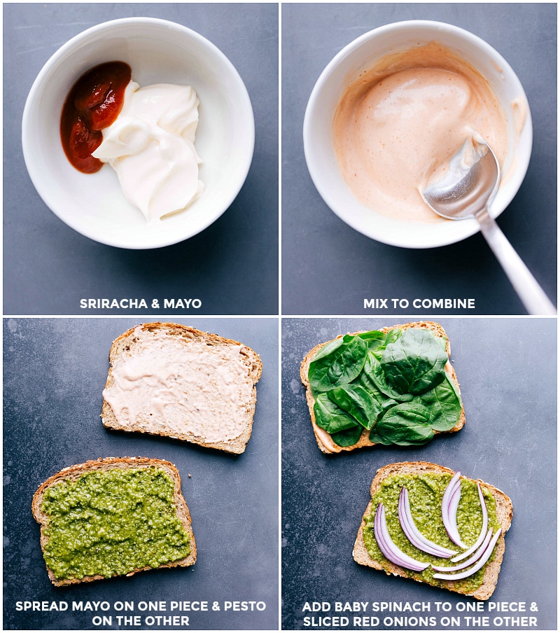 Making special mayo by combining sriracha and mayonnaise, spreading on one side of bread, adding pesto on the other, and placing baby spinach and onion on each half.