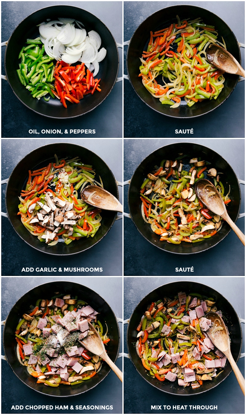 Combining oil, onion, and peppers in a pan, sautéing, then adding garlic and mushrooms, sautéing again, followed by chopped ham and seasonings, heated through.