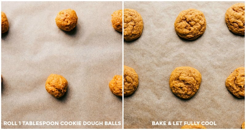 Images of cookie dough balls before and after baking.