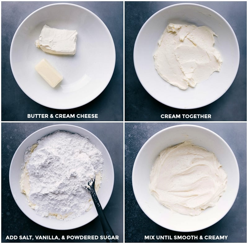 Cream butter and cream cheese, then add salt, vanilla, and powdered sugar, mixing until smooth and creamy.