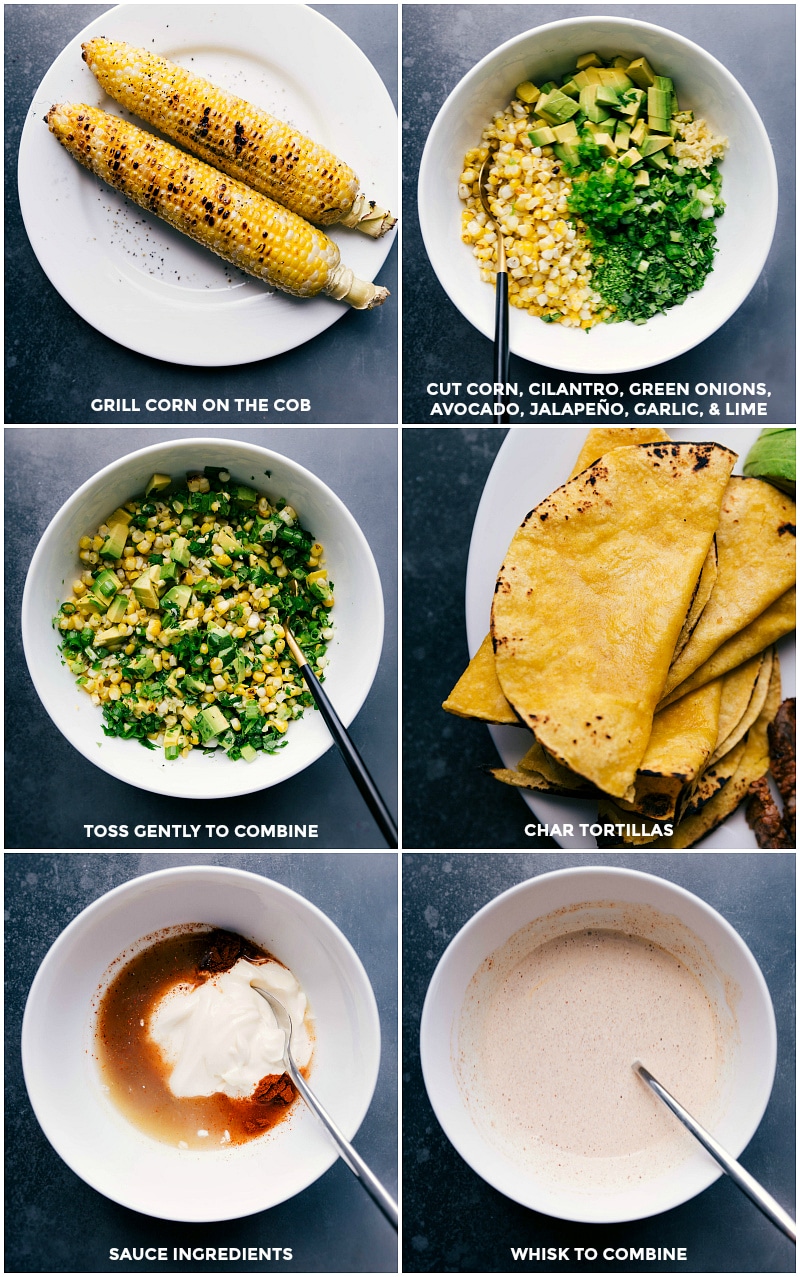 Process shots: grill the corn; cut corn from cob and combine with corn and combine with salsa ingredients; char tortillas; combine sauce ingredients.