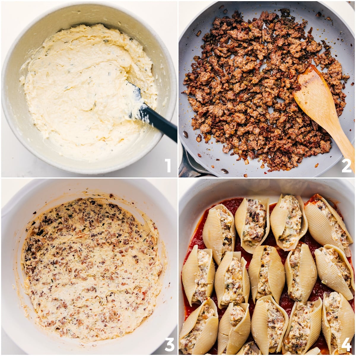 How To Make Stuffed Shells With Sausage Cheesy filling being mixed, sausage being browned and added, and the filling spooned into jumbo shells for stuffed shells with sausage.
