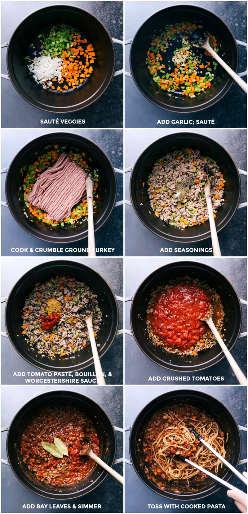 Process shots for making Turkey Bolognese: sauté veggies; add garlic; cook and crumble ground turkey; add seasoning; add tomato paste, bouillon and Worcestershire sauce; add crushed tomatoes; add bay leaves and simmer; toss with cooked pasta.