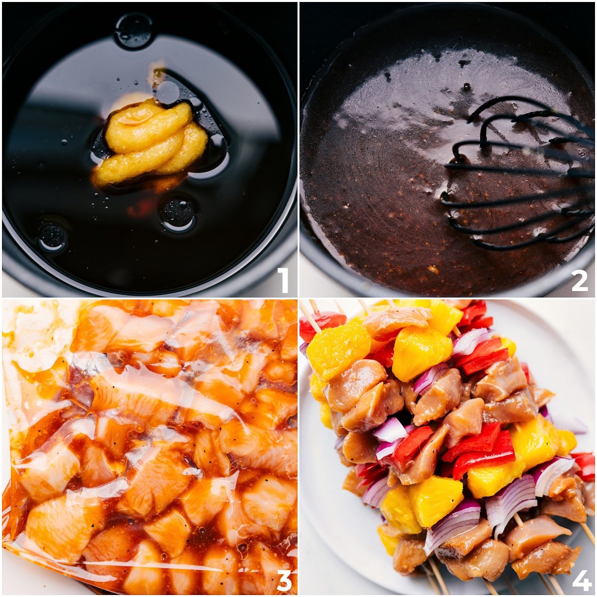 The Perfect Summer Grilling Recipe Whisking teriyaki marinade in a pot, chicken marinating, and ingredients being assembled on skewers.