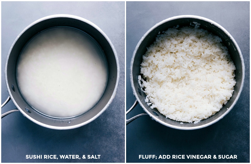 Sushi rice shown before and after cooking, fluffing, and adding rice vinegar and sugar.