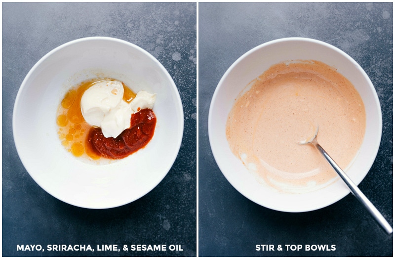 Making spicy mayo by assembling mayonnaise, sriracha sauce, lime, and sesame oil.