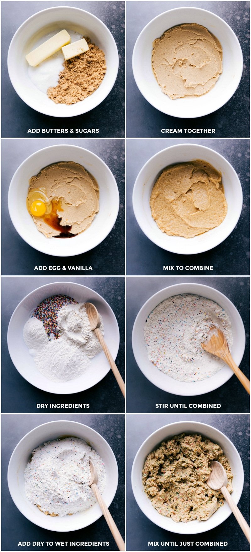 The wet and dry ingredients being prepped and mixed together in a large mixing bowl.