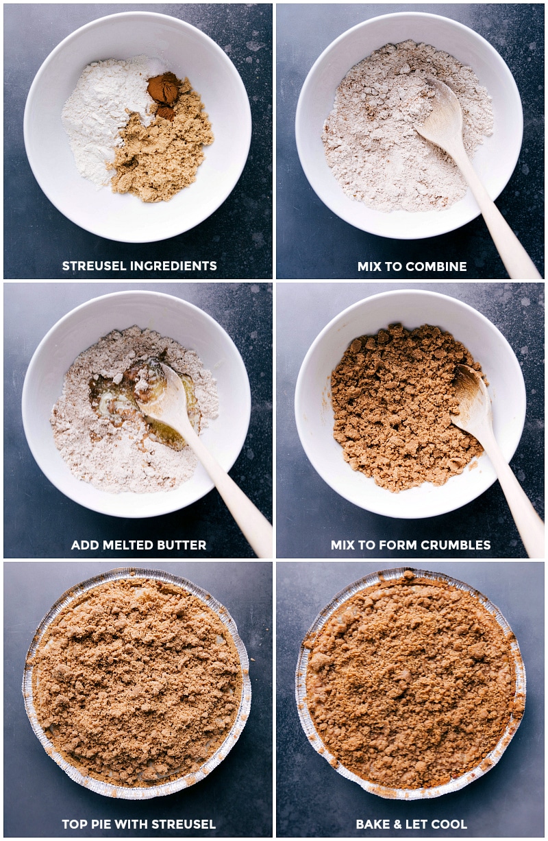 Process shots: combining the streusel ingredients; topping the pie; baking and letting it cool.