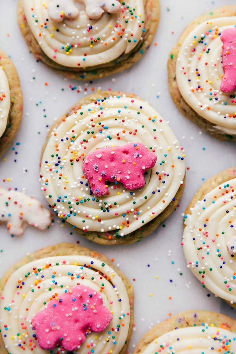 Finished decorated and delicious animal circus cookies generously frosted with colorful sprinkles added on top.