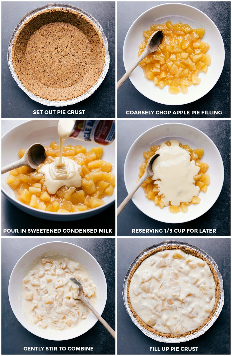 Process shots: set out the pie crust; coarsly chop the apple pie filling; pour in the milk; stir to combine; fill the crust.