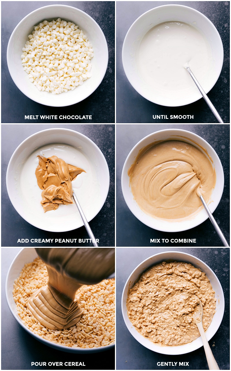Process shots-- images of the white chocolate being melted; peanut butter being added; and the mixture being poured over the cereal.
