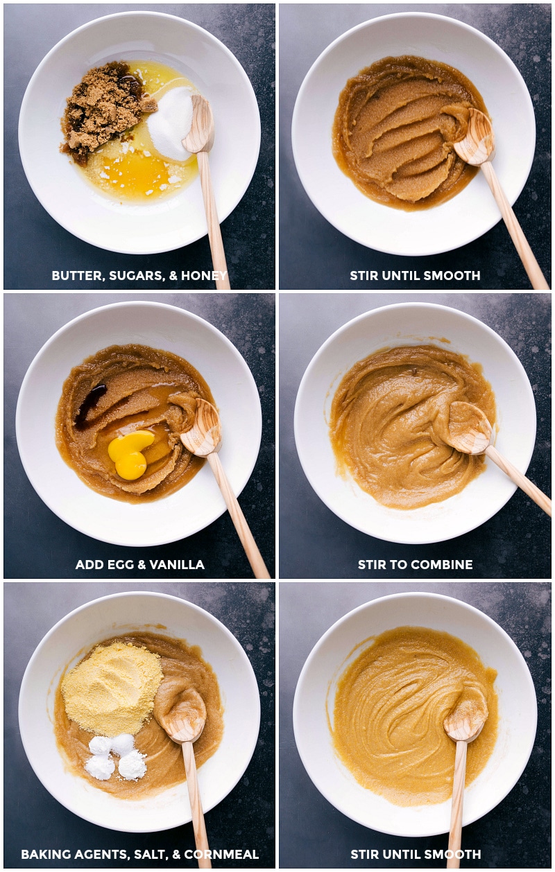 Mixing wet ingredients, including butter, sugar, and honey, until smooth.