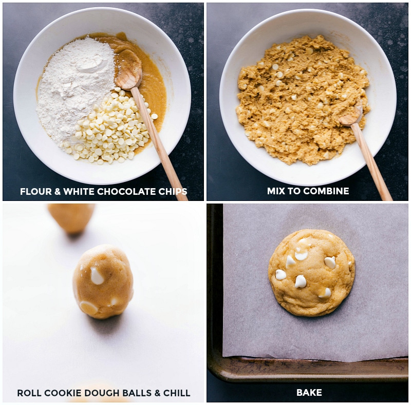 Adding dry ingredients over wet, rolling dough into balls, and baking to complete the cornmeal cookie recipe.