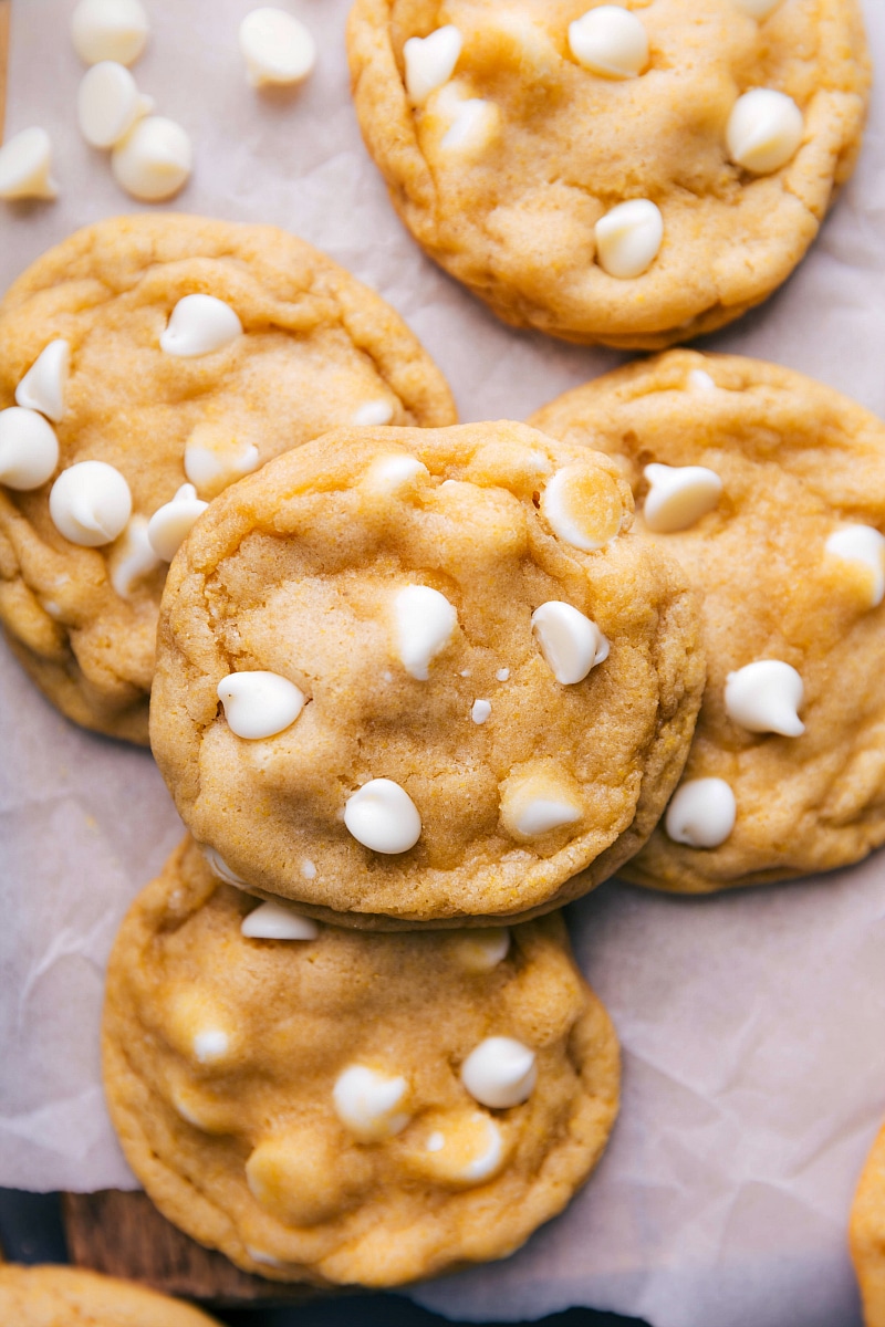 Up-close image of the cookies with the white chocolate chips around them.