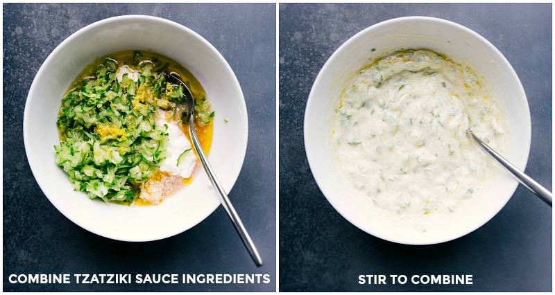 Image of the Tzatziki sauce ingredients before and after mixing.