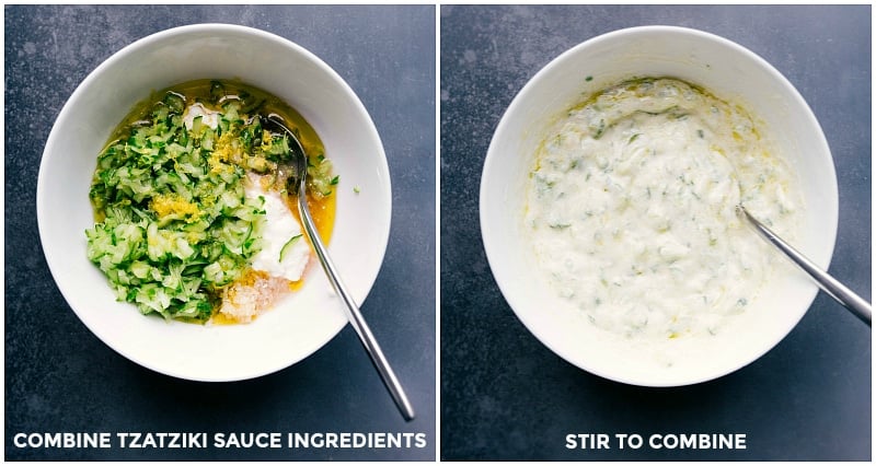 Ingredients for Tzatziki sauce, including yogurt, cucumber, garlic, and dill, before and after mixing.