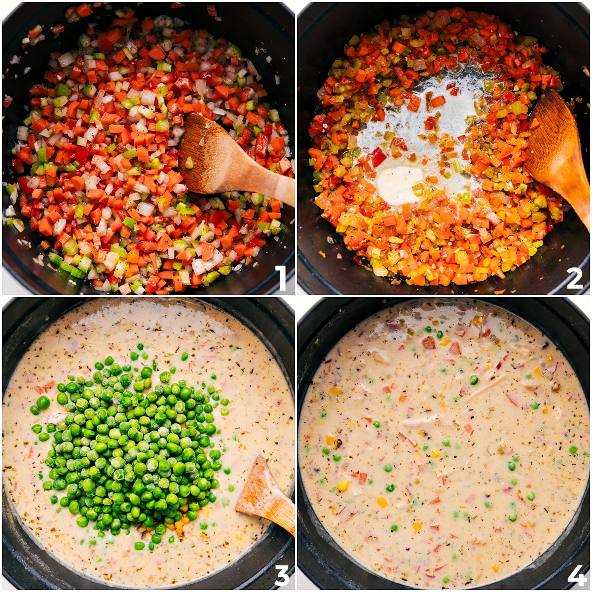 Sautéed veggies with cream base, pasta, and peas for creamy chicken noodle soup recipe.