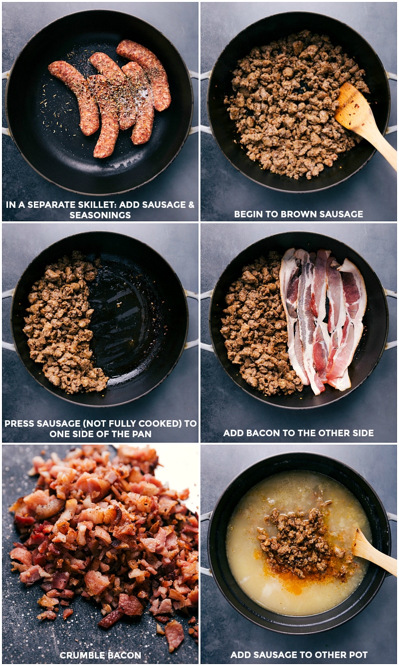 Sausage being browned; the bacon being added and cooked; then the sausage and bacon being added to the soup pot.