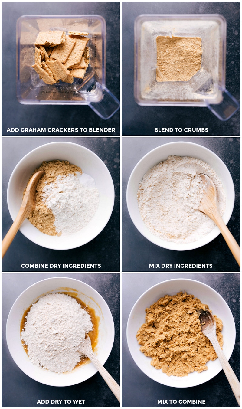 Process shot: process graham crackers into fine crumbs; add to dry ingredients and combine; add dry to wet ingredients; mix to combine.