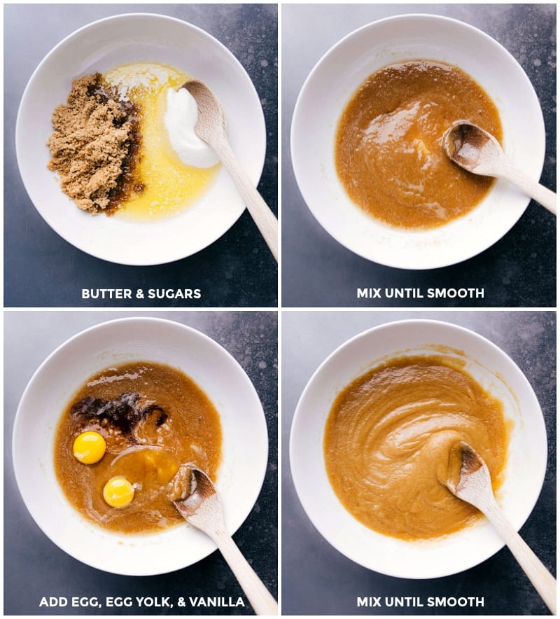 Combining butter and sugars in a mixing bowl, mixing until smooth, then adding egg, yolk, and vanilla, and mixing again until the mixture is smooth and creamy.