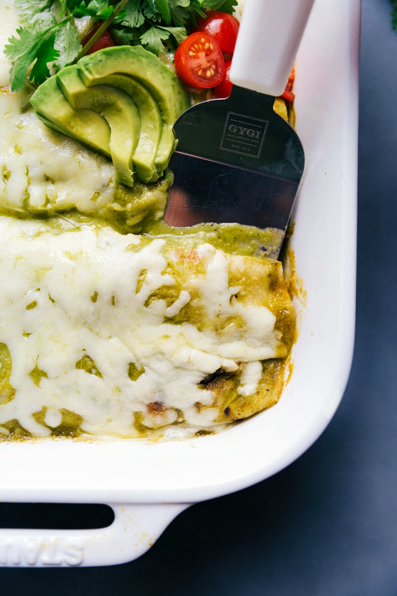 Close-up view of enchiladas made with Green Enchilada Sauce.