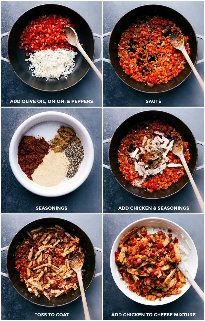 Making chicken filling by sautéing onion and peppers in olive oil, adding chicken pieces and seasonings, tossing to coat, and then combining with cheese mixture.