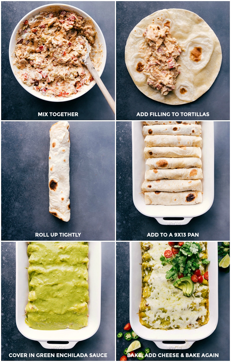 Mixing together filling ingredients, spreading onto tortillas, rolling them up to fill a baking pan, covering with green enchilada sauce, baking, then adding cheese and continuing to bake until the green chile chicken enchiladas are perfectly done.