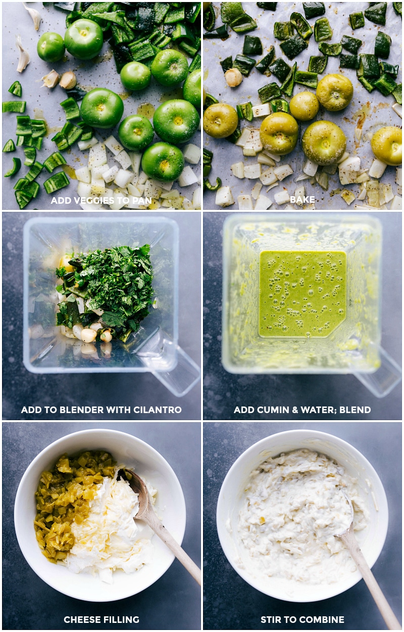 Adding vegetables to a pan for baking, then blending them with cilantro, cumin, and water, alongside mixing cheese filling ingredients in another bowl.