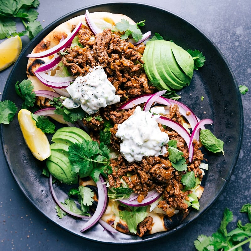 Overhead image of Ground Beef Naan Tacos, ready to eat.