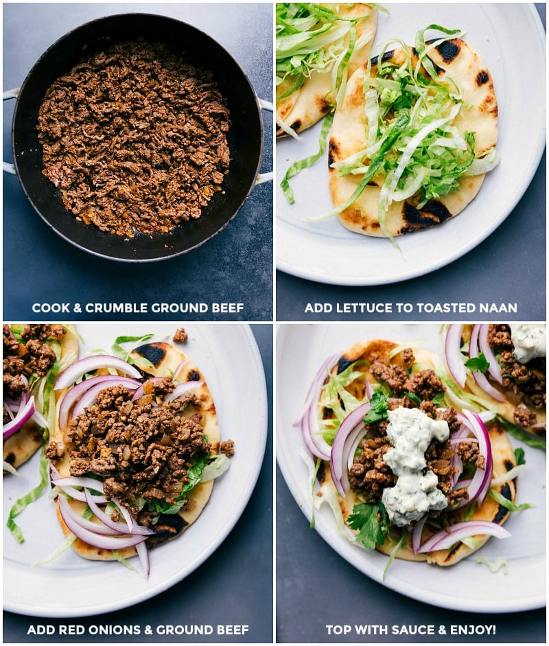 Process shots: cook and crumble ground beef; add lettuce to toasted naan; add beef and onions; top with sauce.