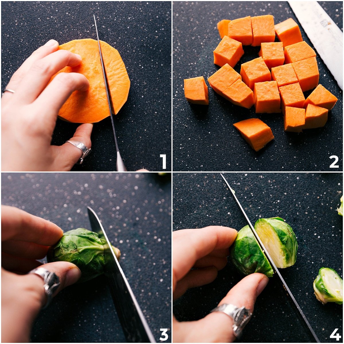 Potatoes and Brussels sprouts being chopped for Harvest Vegetables and Sausage.